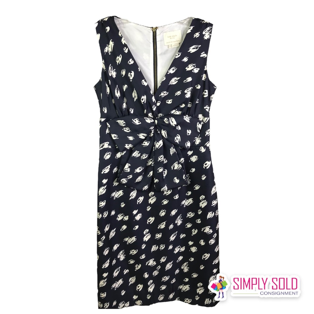 Kate Spade Women's Dress Blaine Navy Blue White Polka Dots Silk Bow Sheath  Sz 4